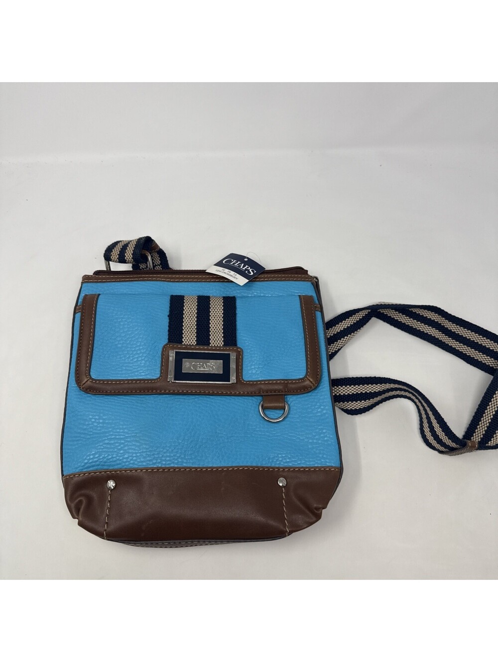 Chaps Crossbody Teal Blue Messenger Bag Top Zip Brown Striped Strap